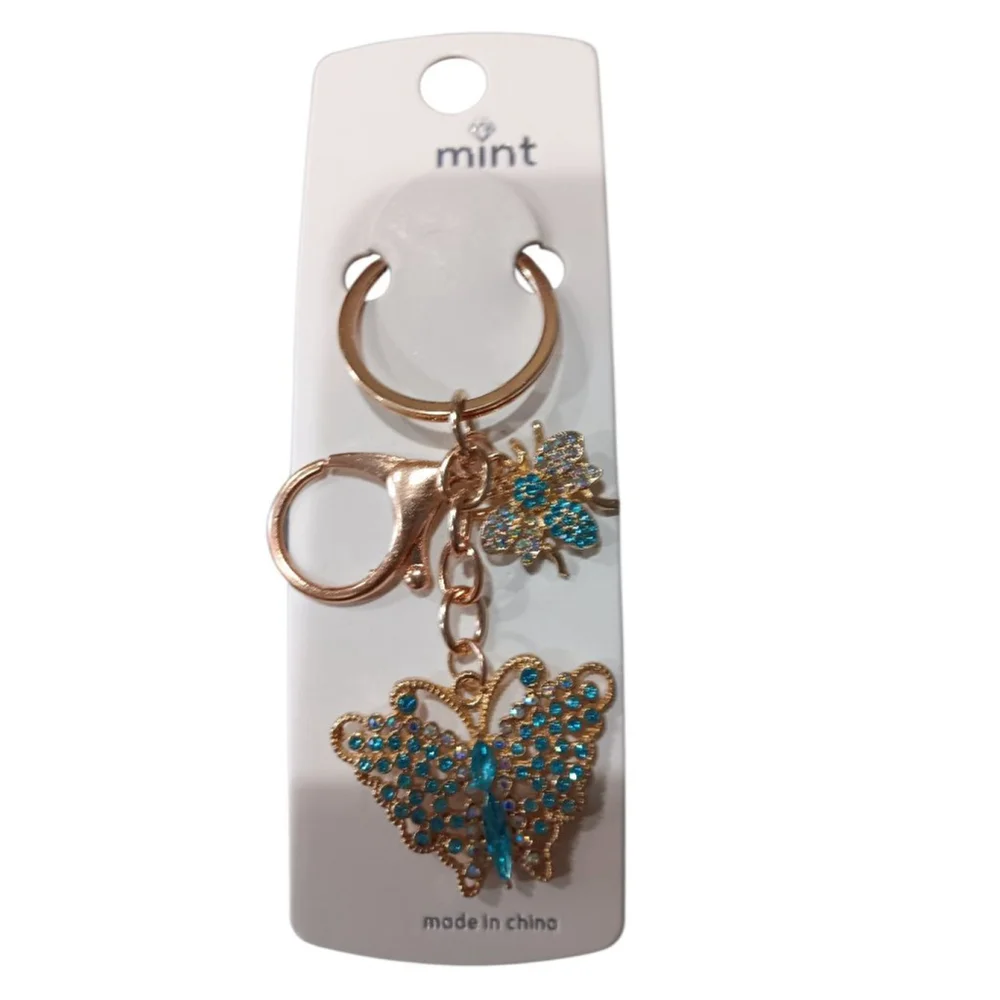Beautiful Lt.Blue Rhinestone Butterfly Bumblebee Gold Tone Keychain Purse Charm